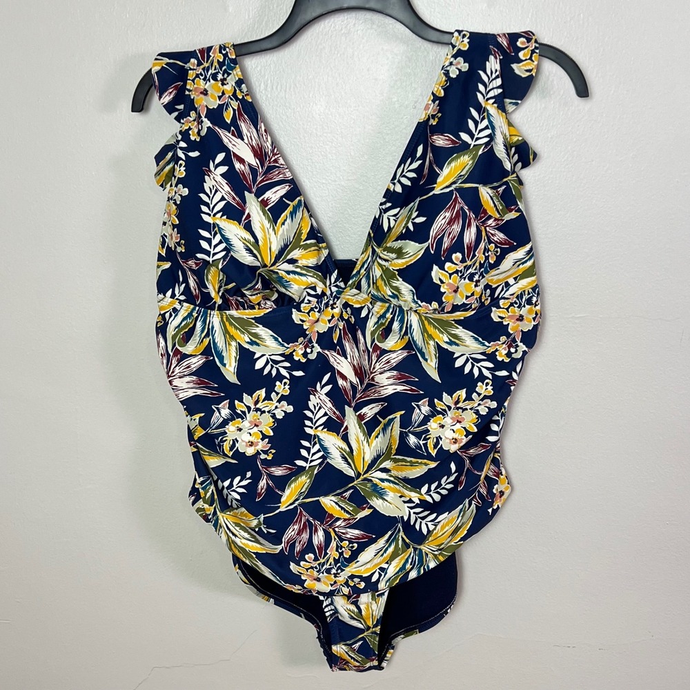 Anne Cole Swimsuit 20W Navy Floral V-Neck Ruffle One Piece Tropical Resortwear